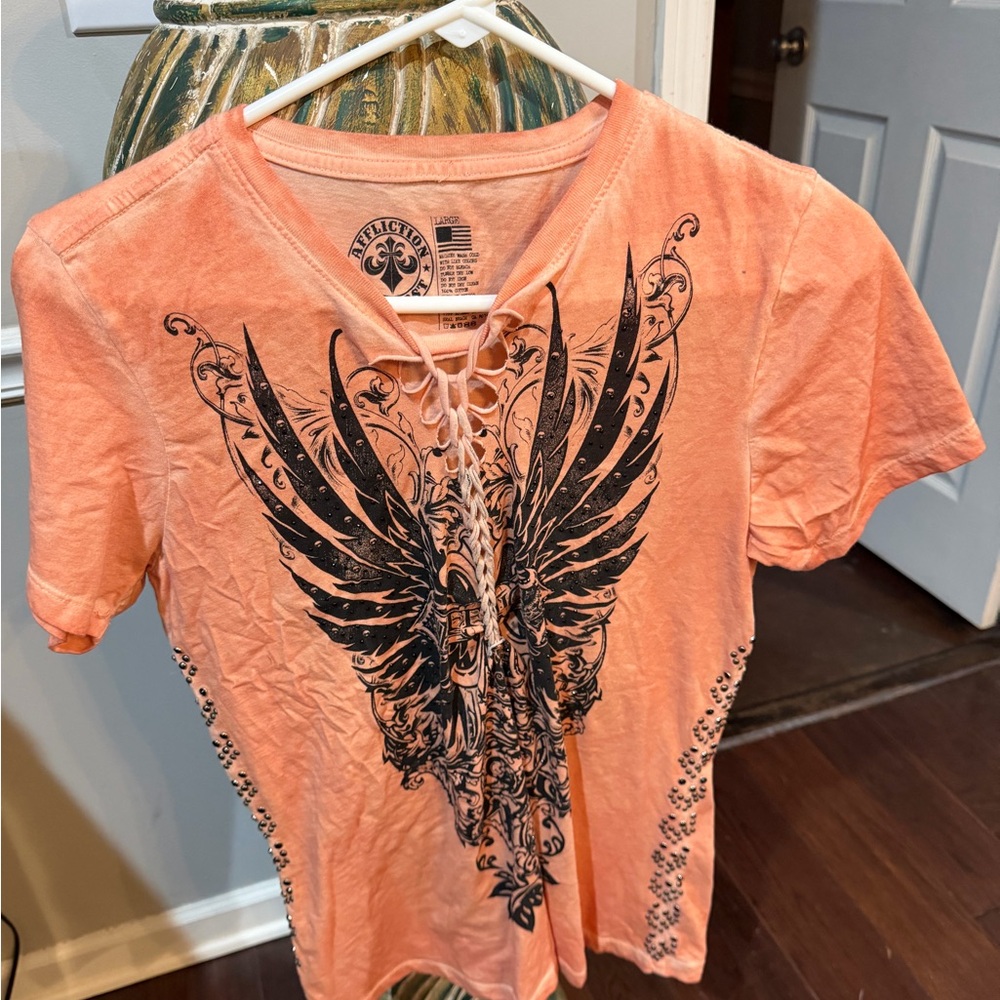 Affliction Peach Graphic Lace-Up Women's Tee